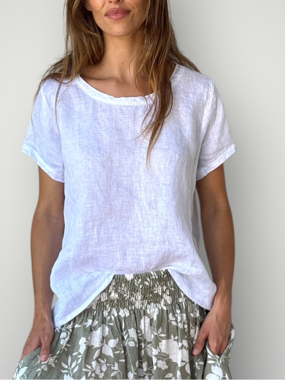 FROCKK Ellie Top White Linen Round Neck Cap Sleeve Size L